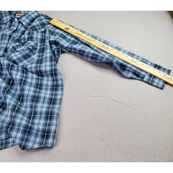 Ely Cattleman Western Shirt Large Blue Silver Plaid Pearl Cowboy Rodeo Dance - Picture 9 of 14